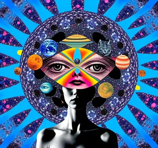 Prompt: <mymodel>Psychedelic collage of a woman, spliced and edited with psychedelic planets, cats, and UFOs, a psychedelic open third eye, incorporating paint, enamel, and found objects, black and white optical illusions, high quality, surreal, vibrant colors, trippy, psychedelic, detailed collage, cosmic theme, colorful lighting surreal collage