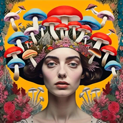 Prompt: <mymodel>Mixed media collage of a beautiful woman, mushroom headpiece, surreal atmosphere, vibrant colors, high quality, mixed media collage, surreal, vibrant colors, detailed facial features, ethereal lighting