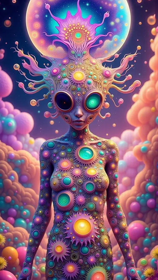 Prompt: In a cosmic dreamscape, a woman emerges as the central figure amidst a kaleidoscopic symphony of psychedelic elements. Her form is gracefully intertwined with swirling holographic Mandelbrot fractals, casting vibrant, colorful light that dances across the scene. Black and white optical illusion patterns ripple through the background, creating a dynamic sense of depth and movement, while vibrant, pulsating designs add to the visual complexity. The surreal landscape around her is alive with morphing objects and breathing walls, interspersed with cosmic vistas and nebulae that evoke a sense of otherworldly wonder. Radiolarian forms, with their intricate spiny structures and lattice-like designs, add microscopic detail, while succulent shapes and colors introduce organic contrast against the geometric patterns. Glitch effects, such as pixelation and chromatic aberration, enhance the surreal quality, making reality appear fluid and mutable. The entire composition is softened by a retro analog finish, reminiscent of classic print media, with grainy textures and color bleeding that evoke nostalgia. This collage transports viewers into a realm where reality bends and imagination reigns, with the woman symbolizing the profound connection between the self and the universe, grounding yet ethereal amidst the swirling chaos of colors and forms.