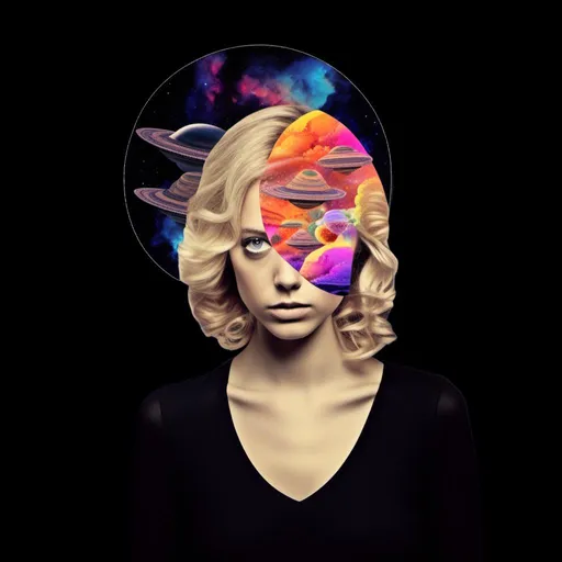 Prompt: A psychedelic collage featuring a photograph of a woman with blond curly long hair. The photo is cut and spliced with other photos and drawings of aliens, UFOs, rainbow spectrums are erupting from places, planets, stars, landscapes, and sparkles set amidst optical illusions of all kinds in geometric shapes giving an otherworldly surreal bizarre ufo alien effect to this psychedelic collage <mymodel>