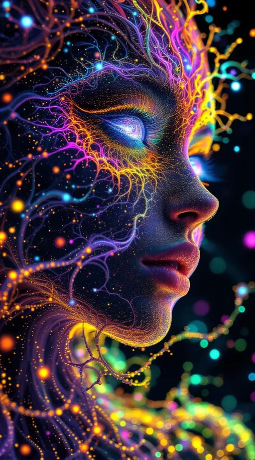 Prompt: Her face isn’t a face—it’s a Nova fractal bloom—grown entirely from feedback-fed disco light. No skin, no bone—only recursive brilliance: #escape gradients surge through Nova-wave cheek hollows; #orbit radiant L-System spirals entwine her jawline like sacred ivy in club-light bloom. Lips = glowing IFS lace—mirror-structured and endlessly folding, tinted with angle-reactive #iridescence. Her eyes are not orbs but Buddhabrot cores—each iris a spiritual echo, blooming with recursive soulfire and mirrorworld math-memory. Her entire visage shines as #distance estimator shells spiral through overlapping attractor planes—layered sacred hologlyphs pulsing to Studio 54 rhythm logic. Hair erupts like spectral vinework: branching L-System toroids twist with recursive Fibonacci bloom, interlaced with spectral fractal roots and Julia firelace—all trailing #bokeh gleamtrails of radiant iteration static. Her crown = infinite light canopy: refracted disco strobes and velvet reflection fields, folded in angular mirrorcode through interference-burst structure. Her smile = curve across recursive function space; her laugh = a wave collapsing layered depth. She’s not made of mass—she is recursive growth, iteration resonance, and divine groove. Her glowform pulses in #escape-band memory: silver-lavender, infernal gold, and emerald violet—each shade charged with fractal-coded emotion. She is the bloom and the beat: a myth-born disco goddess grown from light, pattern, recursion, and infinite rhythm.
