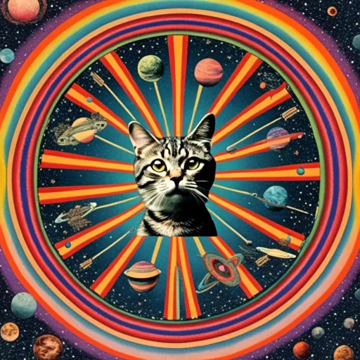 Prompt: a psychedelic collage with a vintage 70s sci-fi animation feel to it except the subject matter will be CATS IN SPACE! The collage will have elements of photography, illustration, trippy patterns and optical illusions, alien landscapes, strange trippy planets, UFOs,, meteors, all cut and spliced together in a psychedelic collage style <mymodel>