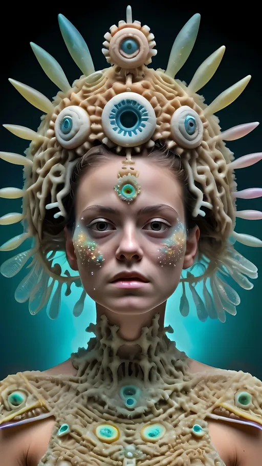 Prompt: Extremely hyperrealistic ultra textural trippy surreal beautiful but odd unsettling psychedelic creature- a psychedelic diatomaceous creature entity queen crown jewelry cape with lots of crazy psychedelic human compound eyes, rows upon rows of human teeth.  head, face, body, limbs, fungus, Mandelbrot, oil slick rainbow sheen effect, holographic, hologram, translucent, vivid colors white, tons and tons of light, bright pastel colors, Gyroid Structures. Diatoms: bacillariophyta, siliceous, valves, girdle bands, raphe, striae, puncta, areolae, costae, rimoportula, fultoportula, chloroplasts, auxospore, epitheca, hypotheca, mucilage, frustule symmetry, valve morphology, pennate diatoms, centric diatoms, motile, non-motile, biofilm, epiphytic, epilithic, epipsammic, biogenic silica, diatomaceous earth, primary producers, carbon fixation, biogeochemical cycles, diatom blooms, paleoecology, nanostructures, microalgae, environmental indicators, aquatic ecosystems. geometric, symmetrical, radial, bilateral, elongated, circular, triangular, oval, star-shaped, pennate, centric, intricate, lattice-like, perforated, silica, frustules, ornate, microscopic, diverse, varied, delicate, transparent, golden-brown, pillbox-shaped, chain-forming, solitary, colonial, planktonic, benthic,