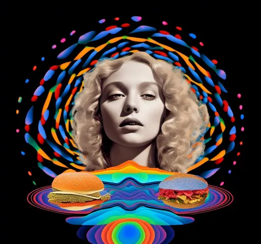 Prompt: A psychedelic collage featuring a photograph of a woman with blond curly long hair. The photo is cut and spliced with other photos - of cats, roads, landscapes, trippy optical illusion patterns, pickles, hamburgers, realistic  desert, alien  landscapes, geometric shapes in a psychedelic cut and paste collage <mymodel>