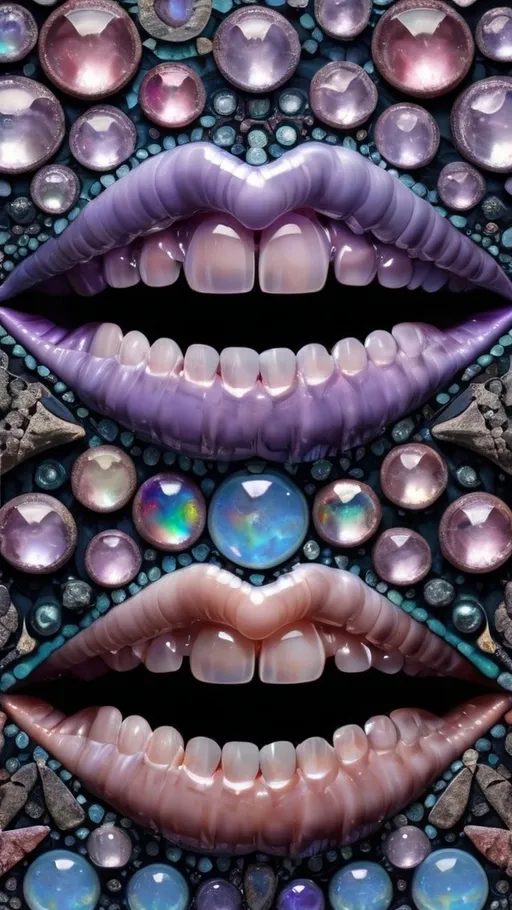 Prompt: Create an extremely hyper-realistic, ultra super textural, weird, trippy, surreal, psychedelic eyes/teeth/mouth pattern/design based on Mandelbrot & “Op Art tiling” with lots of human eyes (crazy colorful compound psychedelic), rows of human teeth, human lips, and tongues. 

- **Colors**: determined by the properties and expressions of the elements (& their isotopes), minerals, and metals: opal, moonstone, Kunzite, amethyst, rose quartz, Platinum (Pt)

**Shapes and forms**
- Mandelbrot 
- "Op Art tiling" 
-other shapes determined by the natural properties and expressions of the elements (& their isotopes), minerals, metals, and biological organisms: opal, moonstone, Kunzite, amethyst, rose quartz,  Platinum (Pt)


- **Textures**: Derived from any/all elements (& their isotopes), minerals, metals, crystals, organic things mentioned in this prompt: opal, moonstone, Kunzite, amethyst, rose quartz, Platinum (Pt)

**Composition and Layout**:
- a pattern/design based on the Op Art tiling & Mandelbrot 

**Lighting**:
- lots of bright light
- Iridescence

**Detail and Atmosphere**:
- Extreme hyperrealistic sharp high detail high definition organic and mineral textures
- Psychedelic, weird, odd, surreal atmosphere
- Frozen in time

**Additional Elements**:
- extra rows of teeth, lips, many eyes, Op Art tiling, Mandelbrot, Iridescence
