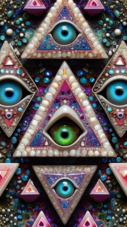 Prompt: an extremely hyper realistic ultra super textural weird trippy surreal psychedelic entity, Sierpinski Triangle, ,,, translucent, white, pearlescent finish, inlaid opal, glittering crystal accents, silver, pyrite, quartz,, chrome, bright vivid teals, blues, pinks/yellows/greens,purples,  lots and lots of light, lots of crazy colorful compound psychedelic human eyes, rows of human teeth, human lips, tongues, fungus,  atoms, diatoms, diatomic, algae, bryozoans, Sierpinski Triangle, extreme high definition organic and mineral textures