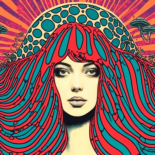 Prompt: <mymodel>Psychedelic poster art of a girl, vibrant colors, trippy visuals, surreal mushrooms, high-quality, detailed illustration, psychedelic, poster art, vibrant colors, surreal, girl, mushrooms, trippy visuals, detailed, professional, surrealistic lighting