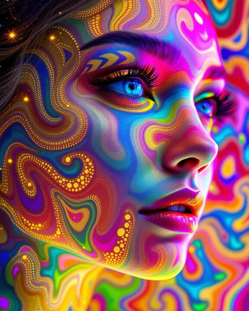 Prompt: Her face is pure geometry—no flesh, no form, only a living equation tessellated in rainbow-spectrum light. The base: a hyperbolic tiling in AdS space, infinite heptagons cascading inward across her cheeks, layered with escape gradients and geodesic spirals. Interlaced above that, a secondary Penrose tessellation flickers in iridescent aperiodicity—golden rhombs and kites glowing like mathematical jewelry across her brow.

But it doesn’t stop there. Across her cheeks and jaw, Turing patterns bloom—organic, fluid, algorithmic shimmer, as if chemical equations were painting her skin in stripes of living fractal light. Each wave, each dot, mapped to scalar intensity fields and lit from within by Fourier sparkle halos. Her smile is a nonlinear attractor. Her eyes are tessellated probability vortices. Her entire being flickers between dimensions.

Her hair, a luminous cascade of Hopf fibrations and quaternionic spirals, refracts the full visible spectrum through recursive curvature. She is modular, multiscalar, and mythic—a disco goddess of math-born radiance, whose face is the convergence point of every beautiful equation in the multiverse. Light is her language. Symmetry is her skin.

Tags:
#TilingQueen #TripleTessellation #TuringShimmer #HyperbolicDisco #PenroseFace #ScalarRainbowEntity #HopfHair #SpectralLightBeing #UltraMathifiedBeauty