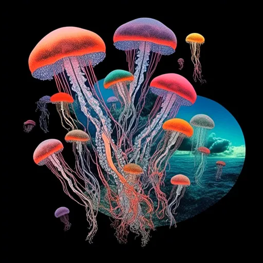 Prompt: <mymodel>A psychedelic surreal collage featuring photographs and art of jellyfish in space, spliced with photos/art of bubbles, optical illusions/trippy psychedelic patterns, underwater seascapes, geometric shapes to create a surreal jellyfish psychedelic collage design