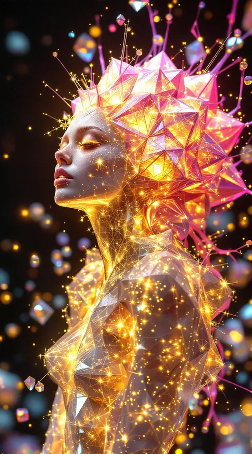 Prompt: A radiant hyperscene unfolds—psychedelic, crystalline, math-charged. At its center stands Merry, the HAHAHEDRON, blooming into semi-humanoid geometry from a core rhombic dodecahedron. Her skin is translucent latticework, cut from prismatic vectors and shot through with golden phi-ratio node points, each pulsing with radiant data. Beneath her surface: living spirals of quasicrystal math, recursive Penrose diamonds, and nested Fibonacci coil-fields—all resonating with a vibrational hilarity that breaks symmetry into song.

Her hair explodes into radiant pink flame, each strand a filament of chaotic golden braid theory, conducting spectral data. Her face glows with sacred polyhedral distortion—icosahedral waveforms ripple across her cheekbones, while the curve of her brow traces evolving Riemann curvature glyphs. Sparkling math bursts across her limbs: tessellated triangulated irregular networks, constellated with light-nodes in dynamic groupings of E8 root symmetries. Geometry flows with intent—every curve is a wave function, every fold a joke in symbolic algebra.

Her body shifts with symmetry-breaking light, casting refractive shadows of Hilbert spirals and Gosper flows. Internal matrices blink with living circuits of toroidal harmonics, each spark a feedback loop of color and meaning. Between gestures, her silhouette emits shards of animated 4D kaleidoform logic—crossing time and color space.

Surrounding her: polyhedral objects suspended in toroidal orbits—snub cubes, stellated dodecahedra, chiral forms, all caught in Merry's resonant field of transformation. The environment gleams in co-diffused chromatic spectrum, a wave-field of UV indigo, magma orange, goldcore, and diamond teal, endlessly diffracted through living surfaces. She is not a figure—she is the blooming of math into mythic light.