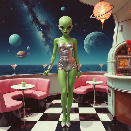 Prompt: A glamorous bald alien pin-up lounges on the open-air deck of a retrofuturistic UFO bar, styled in a vivid cartoonish retro pop aesthetic. She has vivid green skin, and large solid black almond-shaped eyes. Her body is fashion doll-perfect, wrapped in a sparkling chrome strapless romper paired with silver high heels and metallic arm cuffs. She stands confidently on a black-and-white checkered floor that extends to the edge of the open deck, where the cosmos yawns wide—outer space fully visible in the background, with glittering constellations, candy-colored planets, pastel nebulas, and floating asteroids casting soft holo-glows. Inside the lounge, the décor is pure atomic-age space camp: vinyl booths shaped like crescent moons, planet chandeliers, a rocket-shaped jukebox, neon signs for “Cosmic Cocktails,” and orbiting martini glasses that hover midair. Chrome finishes and pastel lighting bathe the entire scene in analog sparkle, blending 1950s glam with deep-space dazzle in a dreamy outer space skyline.

