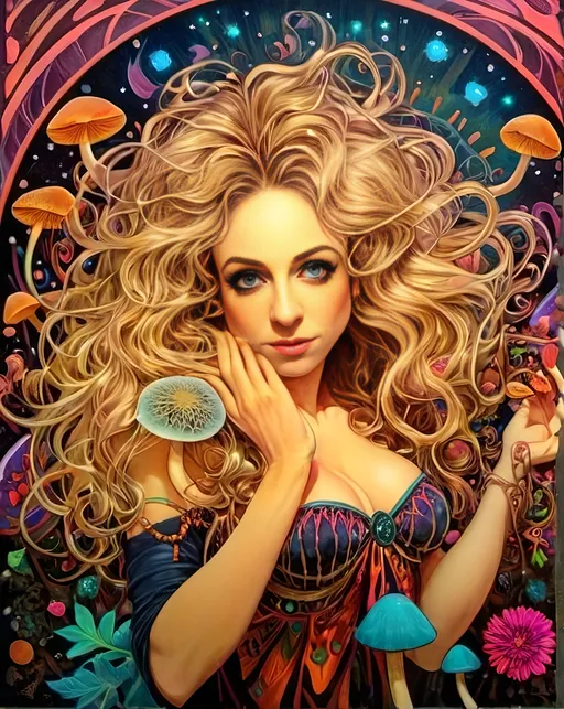 Prompt: 4k, ultra-detailed, psychedelic, trippy, bright colors, vivid, black light poster, girl with longish blond curly hair, psychedelic magic mushrooms, trippy hallucinations, optical illusions, patterns, crystals, moss, forest, moon, geometry fractals, vibrant colors, detailed hair, surreal, vibrant lighting