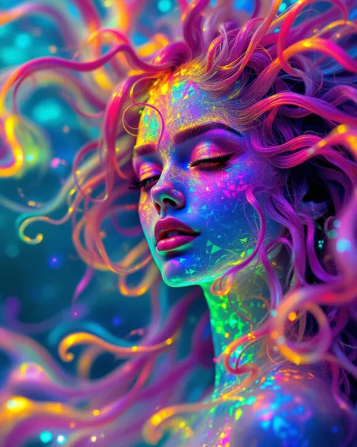 Prompt: She radiates joyful recursion—her face aglow with Newton fractal basin webs, each iridescent patch a rainbow logic map flickering with emotion. Cheekbones prism into crystal lattices—thought-nodes sparkle like math gems, pulsing with cognitive harmony. Every blink sends spectral ripples across skin; laughter folds into light. Her hair—a wild, living storm of long pink curls—burns in fractal flame trails, each strand trailing neon fire that morphs in chaotic colorbursts. The curls twist in self-affine defiance, scaling and warping across invisible axes—no symmetry, just vibrant mathplay. Her whole head is an attractor bloom: color feedback, glitch flickers, and dreamcode shimmer. Holographic math sigils orbit her like joyful satellites, reacting to her giggle-fields. She is a lightfield girl, glitch-goddess of fractal joy and radiant chaos.”
—
 Visual Keywords:
Rainbow Newton fractals, crystal lattice cheekbones, pink fractal flame curls, self-affine chaos hair, math sigils, joyful glitch aura, neon colorburst, recursive laughter light, holographic emotion field