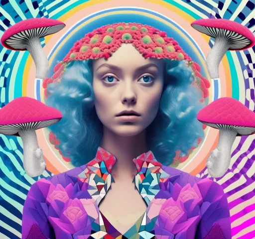 Prompt: a psychedelic collage reminiscent of 70s psychedelic sci fi collage artwork celebrating a girl on mushrooms. It is to feature a photograph of a woman with blond curly hair that is edited by splicing it with other images from photographs, magazines, newspapers, illustrations/paintings to create the impression she is high on magic mushrooms. The work will include such elements as a psychedelic 3rd eye open, stars and planets, trippy optical illusions and patterns, psilocybin cubensis mushrooms, fractals, UFOs, aliens, geometric shapes, auras, rainbow spectrums, sacred geometry, trippy drippy stuff, psychedelic hallucinations, open eyes, landscapes of astral worlds<mymodel>