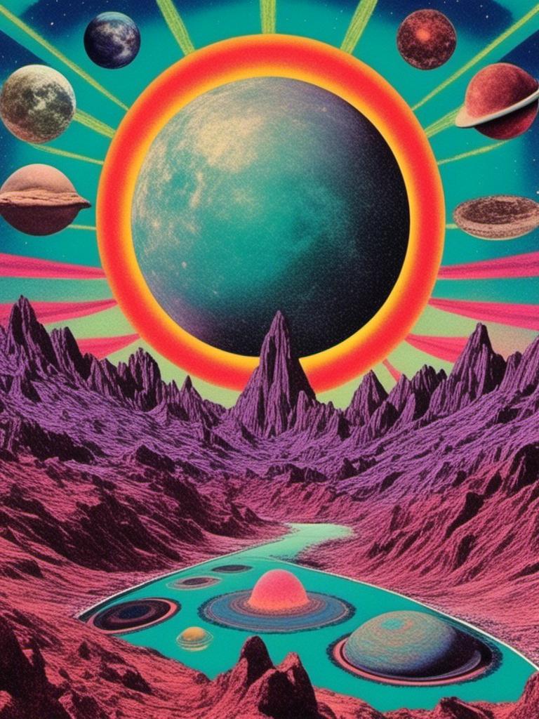 Prompt: <mymodel> A weird trippy surreal vintage psychedelic collage, (ONLY COLORS- cool colors only- purples, black & white- teals/purple-blue/seafoam green, light teal)  cut and paste, optical illusions, psychedelic patterns, alien  landscapes, eyes!!! , UFOs, strange creatures, magic mushrooms, planets/asteroids/space, cats, cheeseburgers, tacos, aliens, weird surreal trippy