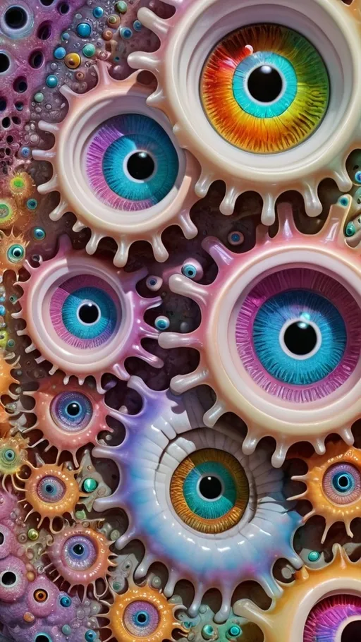 Prompt: an extremely hyper realistic ultra super textural weird trippy surreal psychedelic entity, gyroid structures, Phyllotactic Spirals, white, translucent, clear, bright bright pastel colors, oil slick rainbow sheen effect, lots and lots of light, lots of crazy colorful compound psychedelic human eyes, rows of human teeth, fungus, atoms, diatoms, gyroid structures, Phyllotactic Spirals