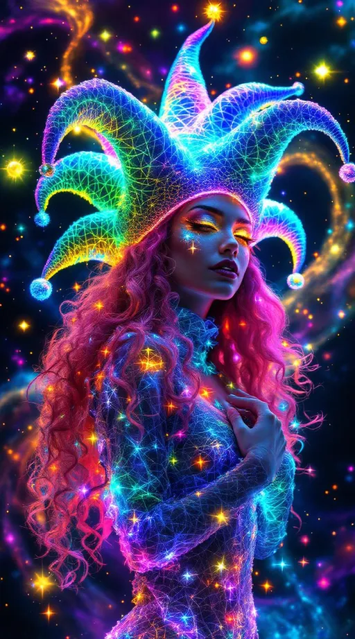 An astral jester composed entirely of luminous fract...