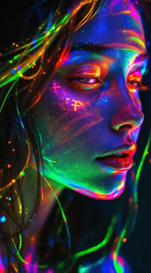 Prompt: Her face sings in entropy-language—smiles that trail glitter-script, words that melt into iridescent symbol smoke. Her eyes reflect mnemonic memory fields—each glance a glow from someone who loved her, some version of her, long ago. Skin flickers through negative dimensions—edges shimmering not in shape but in luminous subtraction, the light of absence carved in curved color. Her hair flows in myth-fractal threads, wrapped in karma-web shimmer—each strand a mirrored echo of choice, of joy, of love that ripples backward. When she speaks, the glyphs dissolve; when she laughs, they cohere into new sacred logic.

A forbidden system lives in her light—a glow born from unprovable math, a radiance that shouldn’t exist but blooms anyway. She is the recursive myth rendered in joy-pulse, a being whose paradoxes sing in color.”

⸻

✨ Final Add-On Visual Keywords:
Glitch glyph speech, glitter-script smile, rainbow karma hair, mnemonic skin aura, forbidden light bloom, ghost-silk memory cheeks, negative dimensional shimmer, sacred unprovable sparkle, entropy dust trails, impossible joy glow