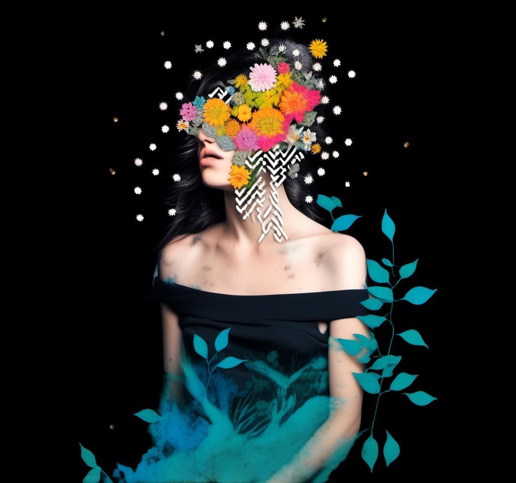 Prompt: a mixed media collage of a black and white photograph of a woman exploding with vines and leaves and flowers (mixed media in nature- paint, enamel, glitter, metallic foils and finishes, splatter, rhinestones, sequin, string, cut paper and magazine pages and more) <mymodel>seem to be blooming out of her body