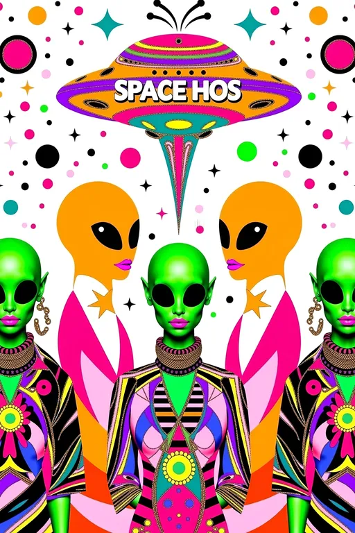 Prompt: **Space Hos - AI Art Prompt**

Create an artwork featuring the phrase "Space Hos" in a bold, sassy, girly futuristic tech font. The scene is populated by multiple striking green-skinned alien females, each exuding attitude and confidence. They are dressed in avant-garde high fashion with a futuristic edge, showcasing an array of intricate accessories that highlight their alien allure.

Each alien boasts a slightly conical-shaped bald head and large, almond-shaped black eyes, adding to their enigmatic charm. They pose with sass and poise, making a statement in the cosmic landscape.

Incorporate a vibrant UFO in the background, teeming with colorful lights that illuminate the scene. The setting is a bustling outer space landscape, complete with an alien planet, swirling asteroids, and cosmic phenomena. Alien glyphs are seamlessly integrated into the design, adding a mysterious layer.

The entire composition is busy and detailed, with every inch filled with tiny elements that captivate the viewer's attention. From the smallest star to the grandest asteroid, the scene is a masterpiece of cosmic chaos and extraterrestrial elegance.