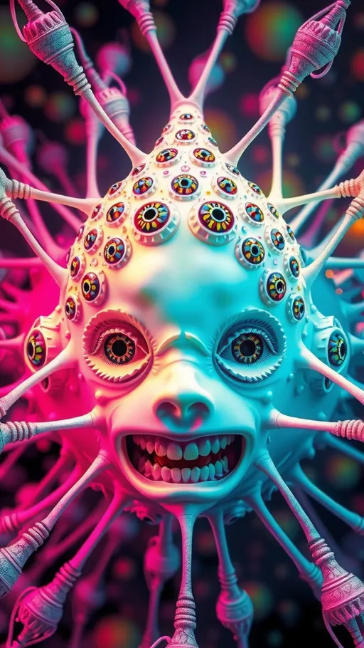 Prompt: an extremely hyper realistic ultra super textural weird trippy surreal psychedelic entity, gyroid structures, Pascal's Triangle, white, translucent, clear, bright bright pastel colors, oil slick rainbow sheen effect, lots and lots of light, lots of crazy colorful compound psychedelic human eyes, rows of human teeth, fungus, atoms, diatoms, gyroid structures, Pascal's Triangle