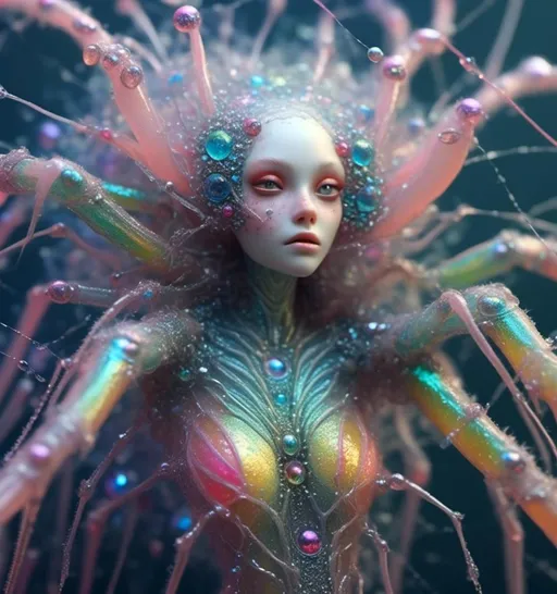 Prompt: <mymodel>extremely hyperrealistic extremely high textural beautiful female sentient spider entity, arachnid woman,8 eyes, humanoid, human woman with spider features, lots of light, extreme organic textures, white, translucent, bright pastel colors, oil slick rainbow sheen effect, silver, chrome, crystals, 
Arachnid, cephalothorax, abdomen, pedipalps, chelicerae, fangs, spinnerets, silk glands, book lungs, tracheae, 