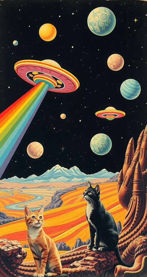 Prompt: <mymodel> Vintage 70s psychedelic surreal sci-fi Collage, analog, cut & paste, outer space, rainbows, spectrum, optical illusions/trippy patterns, surreal alien landscapes, UFOs, « little green men », psilocybin mushrooms, geometric shapes , planets, orbs, black night sky with stars, in the center, cats, 