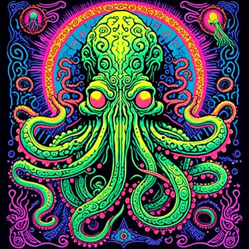 Prompt: <mymodel>Vintage blacklight poster of Cthulhu, tentacles, lovecraftian, eldritch, 70s style, tribal design, psychedelic colors, intricate tentacles, cosmic background, high quality, detailed illustration, blacklight style, 70s vintage, cosmic, intricate details, vibrant colors, psychedelic, tribal design, retro, atmospheric lighting