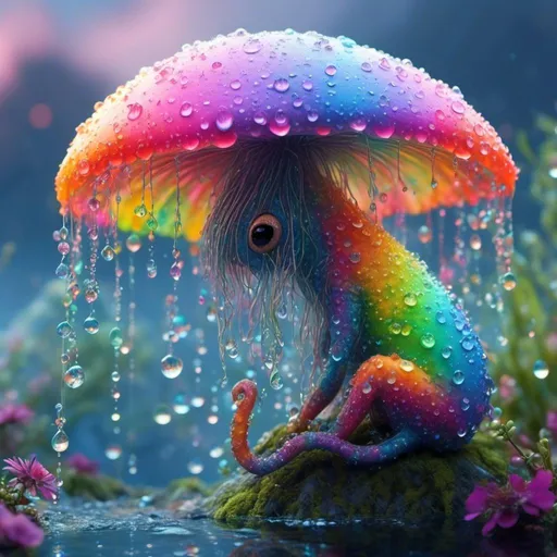 Prompt: <mymodel> an extremely hyperrealistic ultra textural life-infused, living breathing rainbow creature, a living creature made of water droplets and bent rainbow light/spectrums, with white puffy clouds, droplets of water, rain, mist, lots of light, prism reflections, spectrum creature, , extreme organic & mineral textures