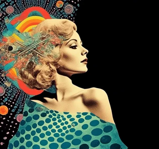 Prompt: <mymodel>Psychedelic trippy collage with a surreal vintage 70s sci-fi feel, vibrant colors, retro futuristic elements, surreal landscapes, detailed psychedelic patterns, high quality, vintage sci-fi, mixed with photograph of a woman with blond curly hair, geometric shape and optical illusions, vibrant colors, surreal, detailed patterns, trippy, collage, 70s, retro futuristic, surreal landscapes, detailed, atmospheric lighting