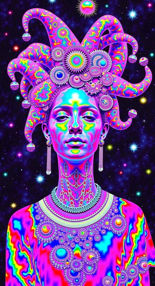 Prompt: Create a super hyperrealistic, finely detailed psychedelic Nouveau illustration of a Cosmic Jester. Feature the word MERRYPRANXTERworked organically into the background somehow.  This enchanting character is a merry prankster of the cosmos, an astral jokester dancing through time and space. She exudes a jester vibe, wearing feminine holographic jester attire & makeup with a feminine, harlequin twist. Not human, but humanoid, she is crafted from vibrant colored light, embodying an extra-dimensional extraterrestrial essence. Her presence is a beacon of joy, as she laughs and twirls through the cosmic astral realms, elevating vibes wherever she roams. 

Her beauty is otherworldly, with long, curly hair that shimmers like a cascade of colored light, appearing blonde yet transcending earthly hues. Her eyes sparkle with mischievous wisdom, and her attire is a dazzling array of intricate patterns and swirling colors, reminiscent of both jester garb and celestial phenomena.

Incorporate the text "the merrypranxter" above her in smaller, elegant lettering, seamlessly blending into the cosmic background. This text should capture the essence of her playful spirit, as if it were a whisper from the universe itself. The illustration should radiate her vibrant energy, portraying her as a timeless wanderer spreading joy and wonder throughout the cosmos.