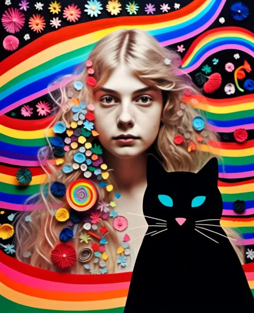 Prompt: <mymodel>Mixed media collage of girl and black cat, long blond very curly hair, solid black cat, mushrooms, rainbows, photographs, magazine paper, thread, cut quilled paper, paint, holographic foil overlay, highres, vibrant, whimsical, mixed media, detailed hair, surreal, colorful, dreamy lighting