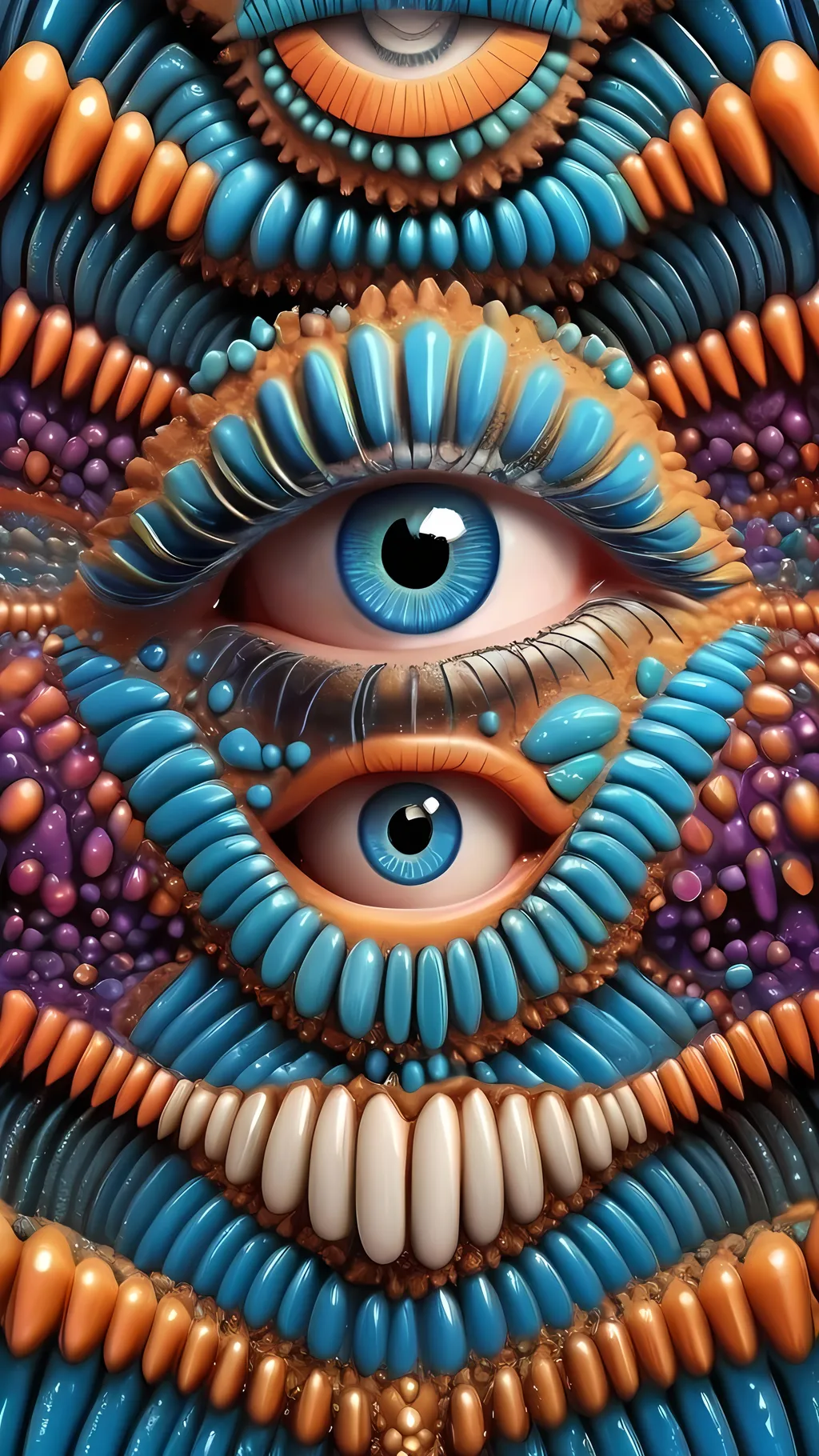 Prompt: Create an extremely hyper-realistic, ultra super textural, weird, trippy, surreal, psychedelic pattern/design based on Turing patterns, with lots of human eyes (crazy colorful compound psychedelic), rows of human teeth, human lips, and tongues. Include mineral crystal accents.

- **Colors**: determined by the properties and expressions of the elements, minerals, and metals: phosphorus, quartz, opal, pyrite, silver.

**Shapes and forms**
-determined by the natural properties and expressions of the elements,minerals, metals, and biological organisms: lichens, bismuth, quartz, botryoidal chalcedony, copper, 

- **Textures**: Derived from any/all organic elements, minerals, metals, crystals, organic things mentioned in this prompt.

**Composition and Layout**:
- Turing patterns
- hyperbolic forms and structures
-zoomed out creating a surreal pattern/design using Turing Patterns
**Lighting**:
- Lots of bright light

**Detail and Atmosphere**:
- Extreme hyperrealistic sharp high detail high definition organic and mineral textures
- Psychedelic, weird, odd, surreal atmosphere
- Frozen in time

**Additional Elements**:
- Diatoms, extra rows of teeth, lips, many eyes,fungus

Capture this scene using Canon EF 70-200mm t/2.8L IS III USM film