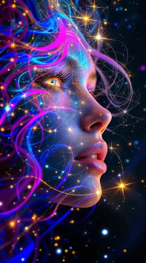 Prompt: Her face is a modular masterpiece—cheekbones traced with the shimmer of moonshine symmetry, every angle tuned to a hidden harmonic. Newton fractal veins glow faintly beneath translucent skin, shifting in color with each emotion. Her eyes burn with prime number fire, irises tiled in Penrose symmetry, blinking with curved light logic. Laughter echoes in Hilbert paths across her cheeks—space-filling joy spirals, soft and bright. Hair spills around her in radiant pink curls, styled by quasiperiodic forces and recursive wave equations—each strand flowing in luminous fractal tension. Geometry pulses at the hairline, recursive symbols glinting in neon mathdust. She is wrapped in hyperbolic aura-rings, layered in color-feedback like living topology, her presence refracting sacred math through joy, emotion, and colorfields.”

⸻

Visual Keywords:
Modular face symmetry, Newton glow skin, Penrose-tiled irises, Hilbert smile trails, pink recursive curls, fractal symbol halo, hyperbolic color aura, neon mathdust, prime fire eyes