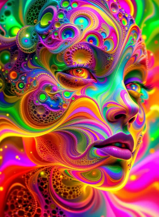 Prompt: Depict a radiant, fractalized abstraction of a face—no literal features, only recursive emergence—where self-similar Turing patterns form and reform across a morphogenetic field of infinite complexity. This entity is composed entirely of scale-invariant reaction-diffusion structures: cellular labyrinths, branching spirals, and blooming waves that split, echo, and cascade recursively like natural Mandelbrot sets made of biochemistry. Every pattern spirals inward and outward at once, creating the illusion of depth within depth, symmetry within symmetry.

Color is hyper-expressive and non-local: intense iridescent gradients leap from one spatial scale to another, cycling between blistering neons and deep luminous shadows. Let the palette fracture across iterations—psychedelic UV violets collide with saturated emeralds and searing digital golds. Each layer glows with internal light, rendered in glowing filaments and spectral banding, as if the patterns are etched in optic fiber or molten glass. Fractal halos radiate outward, scattering light like diffraction waves through a multiversal lens.

Rather than hair, stream recursive reaction trails—fractal antennae of pure vector field energy, curling in branching geometries like diffusion-limited aggregations or recursive flamefronts. These elements refract, bifurcate, and echo into the background, forming entangled networks of color-coded flow, noise-sculpted texture, and luminous interference.

The “face” is an emergent illusion—a visual attractor where multiple layers of fractal structure converge and stabilize briefly, suggesting sentience as pattern alone. This is not a portrait of a person, but of pattern consciousness—a recursion engine at the edge of chemical self-organization, suspended in a storm of luminous logic, forever fractalizing.
