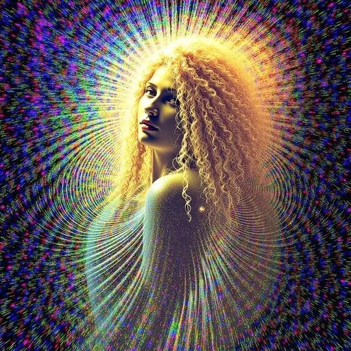 Prompt: In this abstract design, a woman with long blond curly hair becomes a celestial muse, her flowing locks radiating outward like golden tendrils of vibrating light. Her figure emerges from a swirling ocean of ripple patterns, their concentric waves in deep blues and greens creating the feeling of infinite motion. Above her, vibrant auroral streaks of magenta, teal, and amber cascade like curtains of cosmic energy, blending seamlessly into the curves of her hair. The background is alive with dynamic cymatic forms, their intricate geometries glowing in silver and white, as if pulsing with the rhythm of the universe. Her presence anchors the scene, surrounded by circular oscillations that pulse in golden hues, creating a halo of resonant energy. Her hair transforms into spiraling waveforms that intertwine with Chladni-inspired patterns, their symmetrical shapes vibrating in harmony with the flow of the design. The entire piece feels alive, a celebration of vibration as the unseen force that connects all things, with the woman embodying the beauty and power of creation itself, her form both human and cosmic, grounded yet transcendent.