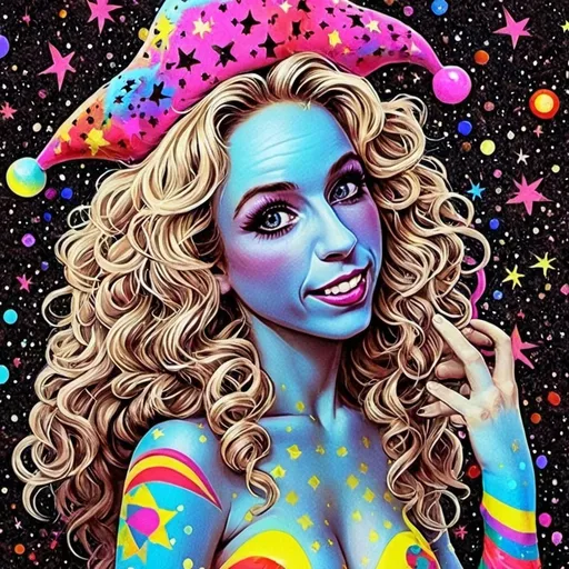 Prompt: A super hyperrealistic yet also illustrative and creative female cosmic jester, made entirely of swirling pure colored light, with long wild curly hair that appears blond but is a dazzling spectrum of hues. She is adorned in beautiful avant-garde "astral" jester's attire, complete with intricate harlequin clown makeup and a HUGELY OVERSTATED jester's hat that twists and bends into impossible, otherworldly shapes. Her hat sparkles with iridescent gems and glowing cosmic patterns, radiating a surreal, trippy energy. Her ensemble includes exquisite, shimmering accoutrements like glowing ribbons of stardust, cascading light veils, and crystalline bells that chime with the sound of distant galaxies. She sparkles, shines, and dazzles in a mesmerizing swirl of ever-changing colors, embodying the essence of cosmic whimsy and wonder. She stands on a floating, kaleidoscopic fractal platform that endlessly morphs and twists through the void of the astral realms. Behind her, a shimmering nebula of liquid rainbow light swirls and pulses, while shimmering comets streak across the scene. The cosmic jester juggles glowing orbs of quantum energy, each orb containing miniature universes that spin and glimmer with infinite possibilities. Her laughter echoes like a symphony of stars, and her every movement leaves trails of dazzling light that ripple like water across the fabric of space-time. The entire scene is awash with iridescent fractal spirals, the platform morphing with Mandelbrot set fractals, while liquid rainbow nebulae and glowing stardust create an atmosphere of pure astral magic.