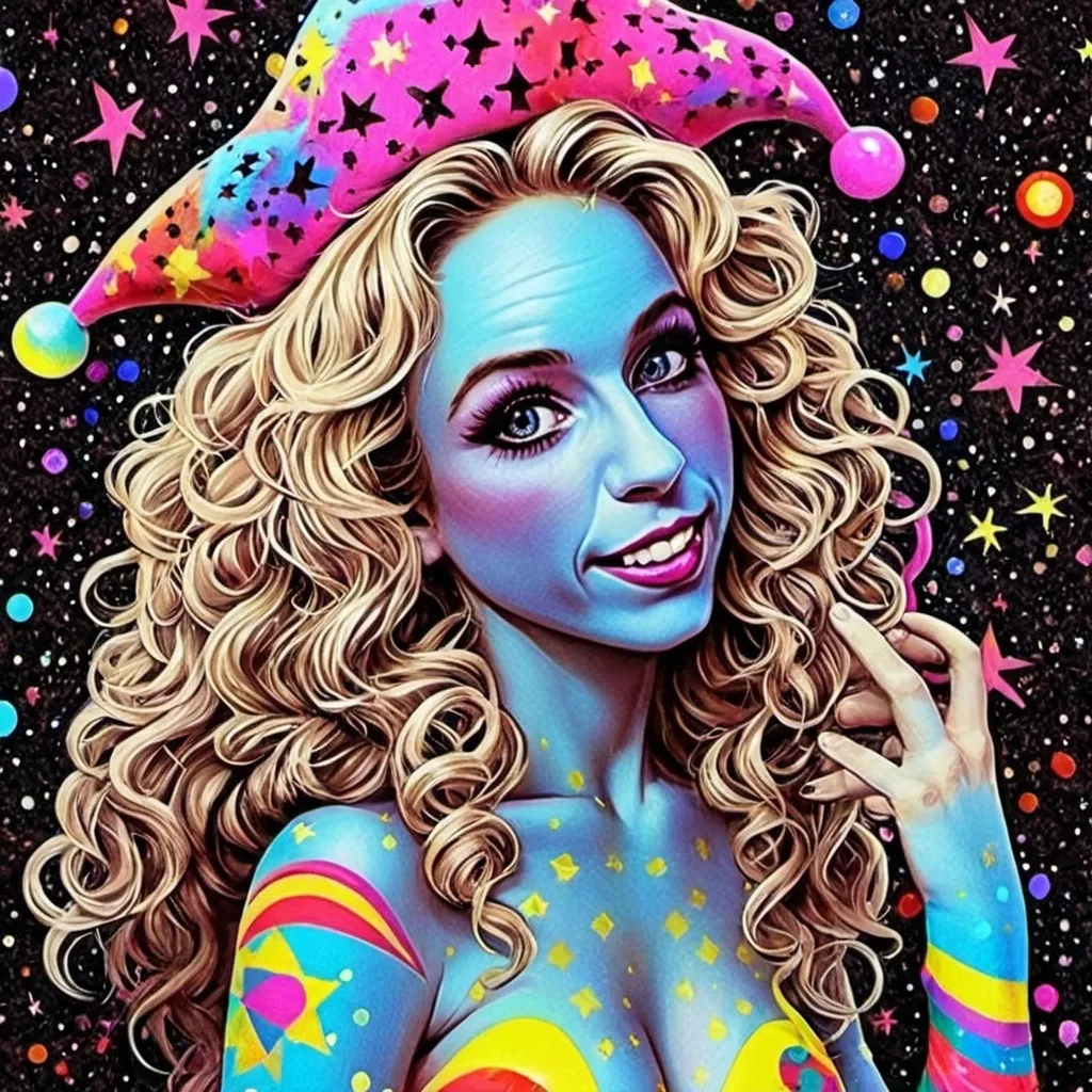 Prompt: A super hyperrealistic yet also illustrative and creative female cosmic jester, made entirely of swirling pure colored light, with long wild curly hair that appears blond but is a dazzling spectrum of hues. She is adorned in beautiful avant-garde "astral" jester's attire, complete with intricate harlequin clown makeup and a HUGELY OVERSTATED jester's hat that twists and bends into impossible, otherworldly shapes. Her hat sparkles with iridescent gems and glowing cosmic patterns, radiating a surreal, trippy energy. Her ensemble includes exquisite, shimmering accoutrements like glowing ribbons of stardust, cascading light veils, and crystalline bells that chime with the sound of distant galaxies. She sparkles, shines, and dazzles in a mesmerizing swirl of ever-changing colors, embodying the essence of cosmic whimsy and wonder. She stands on a floating, kaleidoscopic fractal platform that endlessly morphs and twists through the void of the astral realms. Behind her, a shimmering nebula of liquid rainbow light swirls and pulses, while shimmering comets streak across the scene. The cosmic jester juggles glowing orbs of quantum energy, each orb containing miniature universes that spin and glimmer with infinite possibilities. Her laughter echoes like a symphony of stars, and her every movement leaves trails of dazzling light that ripple like water across the fabric of space-time. The entire scene is awash with iridescent fractal spirals, the platform morphing with Mandelbrot set fractals, while liquid rainbow nebulae and glowing stardust create an atmosphere of pure astral magic.