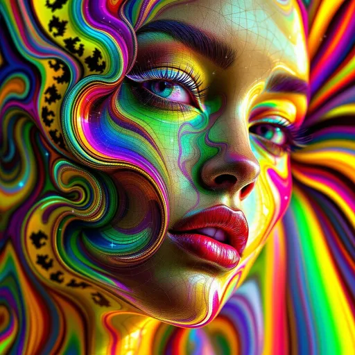 Prompt: A hyper-stylized female face tessellated through recursive logic, unfolded across a non-Euclidean manifold. Her features form spatial paradoxes—eyes as limit cycles orbiting strange attractors, lips drawn along geodesics in negative curvature, cheekbones rippling through warped Hilbert folds. The face is embedded in a dual-phase lattice: the Fractal Memory Field and the Chromaflux Constraint Net. Harsh rainbow lighting fractures across every contour, with harsh sparkles diffracting through dimensional folds. Tiling patterns and tessellations propagate along curved hypersurfaces—nested Penrose tiles, hyperbolic grids, and aperiodic spirals—woven into a Klein-braid of iridescent syntax. Color does not blend but diffracts—looping through auroral filaments and spectral braid-knots across the fractal mesh. Each recursion modulates both form and chroma-phase: a toroidal veil folding into Möbius arcs, recursive torques embedding glyphs into self-referencing hyperspace. Her expression flickers—a symbolic attractor encoded on a Riemann-folded visage. Maximalist, ultra-bright, recursively warped, spatially non-orientable—a consciousness sculpted in chaotic feedback, suspended in chromatic topology.”