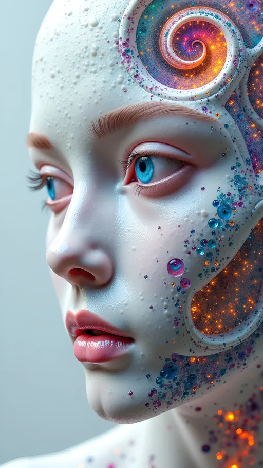 Prompt: This **“flesh mandala”** is a hyperreal masterpiece in **34k**, with stark white flesh and cosmic geometry. The **body parts**—**eyes**, **teeth**, **tongues**, **noses**, **ears**, **organs** like hearts, livers, lungs, and kidneys—are boldly prominent and vividly detailed, blending seamlessly into the pure white, moist flesh that pulses with energy. The composition spirals into **Mandelbrot sets**, **4D hyperspaces**, and **Mobius strips**, twisting into infinite loops and fractals, creating a multidimensional tapestry. Swirling **psychedelic eyes** and **recursive patterns** add surreal depth, while **blood vessels** and **nerves** weave through the layers in vivid **crimson** and **deep blue**. The landscape is accented with shimmering **bismuth**, **malachite**, **lapis lazuli**, and **iridescent opals**, their crystalline structures refracting light and adding cosmic shimmer. Tiny **microscopic organisms**, **fractals**, and **crystals** swirl within, amplifying the surreal complexity. Glistening, alive, and set against a mineral-rich backdrop, it’s an intricate universe—an exploration of body, mind, and infinity, rendered in stunning clarity and surreal beauty.