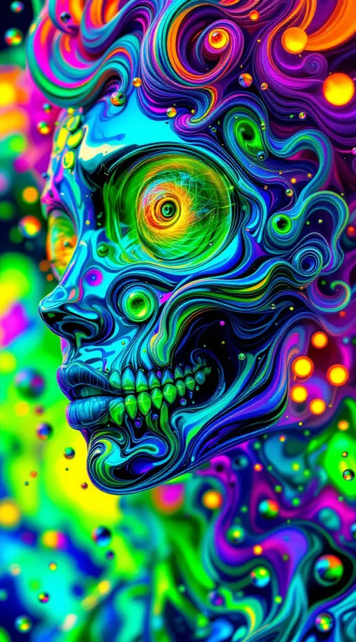 Prompt: A maximalist, acid-psychedelic construct, shimmering in dragonfly-wing iridescence and beetle-shell diffraction, bathed in radioactive neon gradients of ultraviolet aqua, searing magenta, fluorescent orange, and opalescent chartreuse. Surfaces warp like carnival optics, oil-slick rainbows bending through non-Euclidean lenses, scattering in diffraction halos.

Eyes spiral into eyes into teeth, irises splitting into fractal mirrors tessellating as Penrose tilings. Teeth bloom from jaws, enamel glowing like thin-film interference before collapsing into ribs braided as Möbius loops or unraveling into Fibonacci lattices. Lungs fracture into crystalline Sierpinski pyramids, exhaling Cantor dust smoke. A heart pulses and refuses to pulse, zeta-wave glyphs glowing across paradox surfaces, scattering rainbow spikes like shattered primes.

Hair storms into Möbius curls and ouroboros braids. Background destabilizes into carnival chaos: Ferris wheels of organs spinning like Lorenz attractors, Escher staircases tiled with teeth, cotton-candy skies scribbled with paradox equations and holographic interference.
