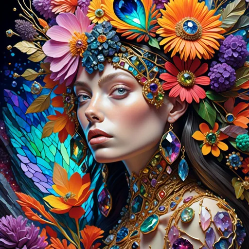 Prompt: <mymodel>Photorealistic digital painting of a woman, vibrant and psychedelic eye, flower in hair, psychedelic expression, highly detailed, Android Jones style, detailed painting, photorealism, psychedelic art, detailed features, intense gaze, colorful floral, intricate details, realistic skin texture, lifelike rendering, professional, high quality, vibrant colors, detailed lighting