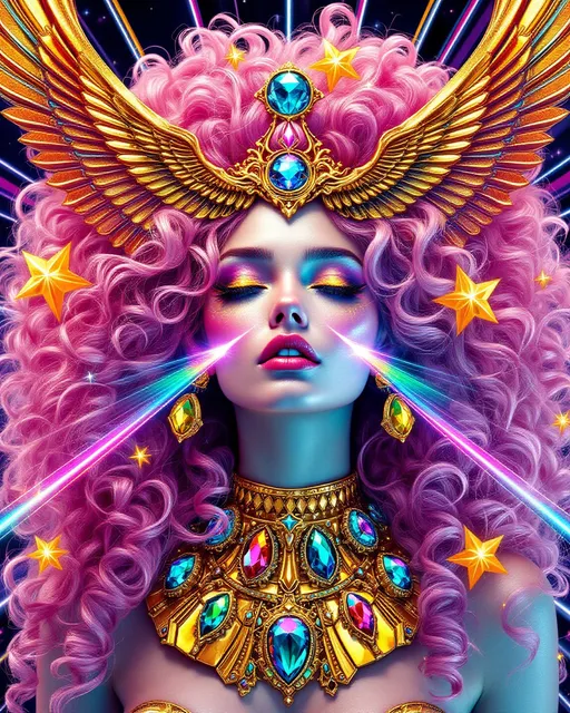 Prompt: A super hyperrealistic and stylized portrait of Merry in full RetroFuturist Psychedelic Cosmic Priestess mode—she is a radiant, slim Caucasian woman with wild, voluminous pink curls and striking blue eyes. Her hair explodes in gravity-defying retro waves, glowing softly at the tips like nebulae. She wears an ornate golden winged headdress, echoing Egyptian goddess iconography but reimagined with iridescent crystal inlays and rainbow circuitry etched into the gold. Her third eye sparkles like a faceted gem, beaming radiant rainbow light. From her eyes, twin laser-like rainbow beams shoot outward, refracting like prisms through galactic space.

Her makeup is maximalist: star-shaped eyeliner, shimmering teal and rose gold highlights, and glossy pink lips with a holographic sheen. She’s adorned in a shimmering, structured collar of golden scales and oversized cosmic jewels—each reflecting psychedelic starlight. Behind her, a hypnotic radial pattern in pinks and purples spirals outward, like a pop-art mandala pulled from a sacred retro dream. Clouds part to reveal galaxies and rainbow wormholes spiraling through a pastel sky.

The art style is hyperrealistic meets stylized pop surrealism, with ultra high-definition detail, a glossy analog retro finish, and hints of Lisa Frank, mid-century sci-fi, and new age digital mysticism. Medium: AI-enhanced photorealistic digital painting. Mood: cosmic, cheeky, divine, absurdly glorious. Lighting: divine radiance with sparkling optical flare and rainbow glints. Aesthetic keywords: vaporwave mysticism, sacred kitsch, glam ascension, pastel psychedelia.