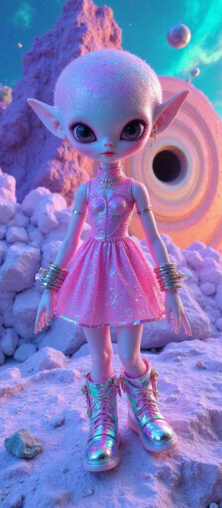 Prompt: A dazzling, doll-like pink alien girl stands poised on the chrome-crystal surface of a tiny asteroid, surrounded by the infinite cosmos. Her bubblegum-pink skin glistens with sparkling holographic fractal spots and neon iridescent scales—rainbow colors shifting across her curves, cheeks, and limbs. Her oversized, glossy opal eyes have triple pupils and galaxy-flecked irises, framed by extra-long pastel lashes. Glossy heart-shaped lips and cosmic-shimmered cheeks give her a playful, doll-cute look. Her elongated fin-like ears softly glow, and her hair swirls in pastel hologram curls and chrome ringlets, adorned with floating crystal beads and disco-ball barrettes.

Her look is pure retrofuturist disco-mod: she wears a skin-tight, ultra-short holographic A-line mod dress, high collar, bold geometric cutouts, sparkling with rhinestones and iridescent trim. Her legs are long and shiny, with pastel hologram go-go boots that gleam in rainbow hues. Chunky iridescent bangles, oversized mirrored earrings, and orbiting geometric charms complete her ensemble. She stands among pastel asteroid rocks and prismatic mineral shards, with a giant glitched black hole in the sky behind her—casting rainbow light glitches and chromatic distortions through space. The whole scene pulses with cosmic disco energy, swirling color, and sparkling 1970s alien doll glam.