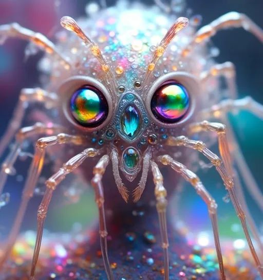 Prompt: <mymodel>extremely hyperrealistic extremely high textural beautiful female sentient spider entity, arachnid woman,8 eyes, humanoid, human woman with spider features, lots of light, extreme organic textures, white, translucent, bright pastel colors, oil slick rainbow sheen effect, silver, chrome, crystals, 
Arachnid, cephalothorax, abdomen, pedipalps, chelicerae, fangs, spinnerets, silk glands, book lungs, tracheae, 