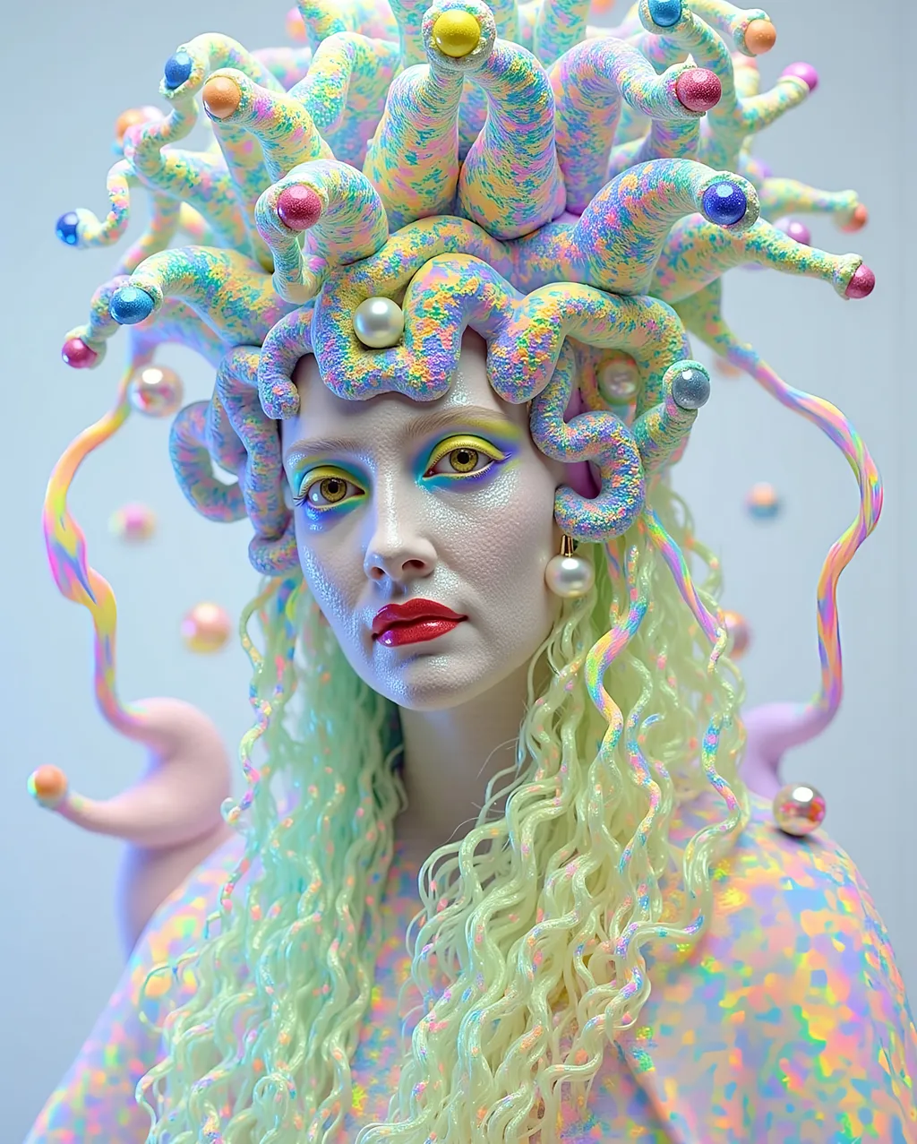 Prompt: A super hyperrealistic yet also illustrative and creative female cosmic jester, made entirely of swirling pure colored light, with long wild curly hair that appears blond but is a dazzling spectrum of hues. She is adorned in beautiful avant-garde "astral" jester's attire, complete with intricate harlequin clown makeup and a HUGELY OVERSTATED jester's hat that twists and bends into impossible, otherworldly shapes. Her hat sparkles with iridescent gems and glowing cosmic patterns, radiating a surreal, trippy energy. Her ensemble includes exquisite, shimmering accoutrements like glowing ribbons of stardust, cascading light veils, and crystalline bells that chime with the sound of distant galaxies. She sparkles, shines, and dazzles in a mesmerizing swirl of ever-changing colors, embodying the essence of cosmic whimsy and wonder. She stands on a floating, kaleidoscopic fractal platform that endlessly morphs and twists through the void of the astral realms. Behind her, a shimmering nebula of liquid rainbow light swirls and pulses, while shimmering comets streak across the scene. The cosmic jester juggles glowing orbs of quantum energy, each orb containing miniature universes that spin and glimmer with infinite possibilities. Her laughter echoes like a symphony of stars, and her every movement leaves trails of dazzling light that ripple like water across the fabric of space-time. The entire scene is awash with iridescent fractal spirals, the platform morphing with Mandelbrot set fractals, while liquid rainbow nebulae and glowing stardust create an atmosphere of pure astral magic.