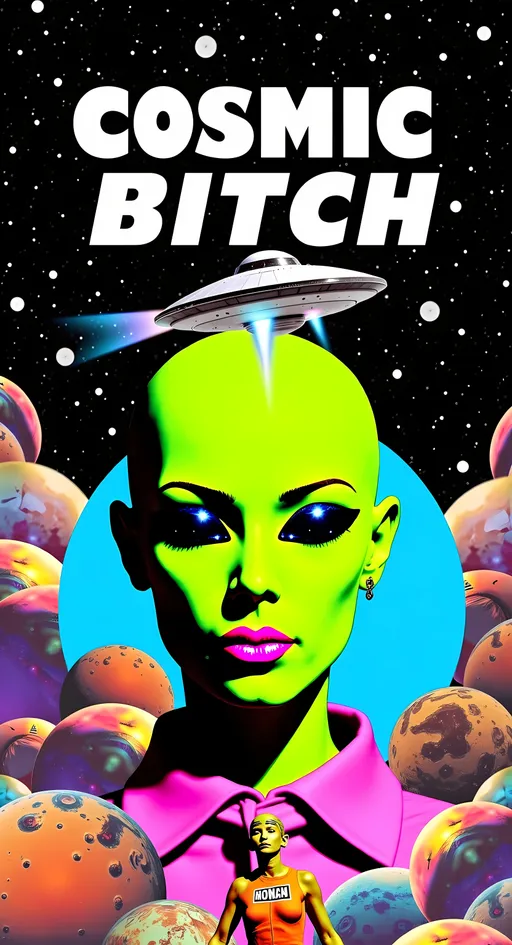 Prompt: **Cosmic Bitch - AI Art Prompt**

Create an artwork featuring the phrase "Cosmic Bitch" in a bold, sassy, girly futuristic tech font. The centerpiece is a stunning green-skinned alien female with a large somewhat conical shaped bald head & large solid black almond shaped eyes, exuding sass and confidence, dressed in avant-garde high fashion with a futuristic twist. Her ensemble is adorned with intricate accessories that scream alien chic.

Incorporate a vibrant UFO hovering in the scene, brimming with colorful lights that dance across the canvas. The background is a bustling outer space landscape, complete with an alien planet, swirling asteroids, and cosmic wonders. Alien glyphs are subtly woven into the design, adding an enigmatic touch.

The entire scene is a whirlwind of activity, filled with intricate details that draw the eye to every corner. From the tiniest star to the grandest asteroid, let no space go unadorned. The result is a masterpiece of cosmic chaos and extraterrestrial elegance.

Now, go forth and let your AI art creation shine in all its interstellar glory! 🌌👽✨