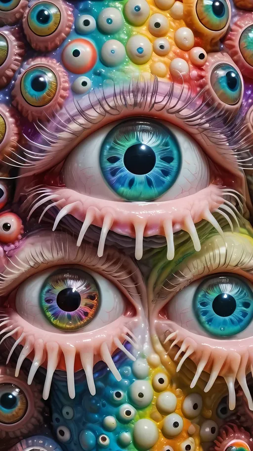 Prompt: an extremely hyper realistic ultra super textural weird trippy surreal psychedelic entity, white, translucent, clear, bright bright pastel colors, oil slick rainbow sheen effect, lots and lots of light, lots of crazy colorful compound psychedelic human eyes, rows of human teeth, fungus, atoms, diatoms, 