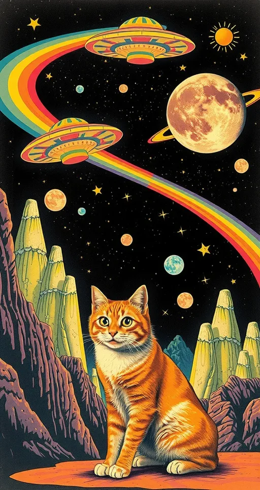 Prompt: <mymodel> Vintage 70s psychedelic surreal sci-fi Collage, analog, cut & paste, outer space, rainbows, spectrum, optical illusions/trippy patterns, surreal alien landscapes, UFOs, « little green men », psilocybin mushrooms, geometric shapes , planets, orbs, black night sky with stars, in the center, cats, 