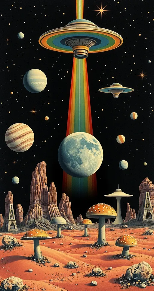 Prompt: <mymodel> Vintage 70s psychedelic surreal sci-fi Collage, analog, cut & paste, outer space, rainbows, spectrum, optical illusions/trippy patterns, surreal alien landscapes, UFOs, « little green men », psilocybin mushrooms, geometric shapes , planets, orbs, black night sky with stars, in the center